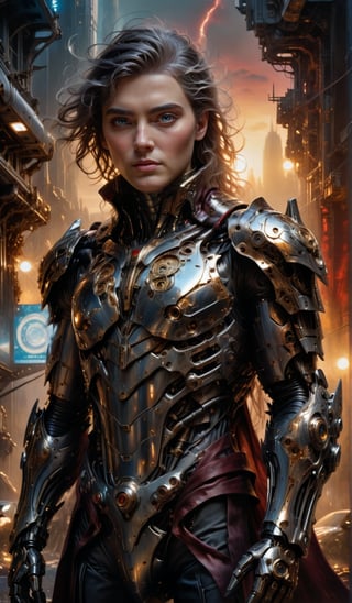A futuristic super hero stands tall, full-body portrait in polished chrome armor with intricate gold and burgundy accents. blue eyes pierce through the darkness, illuminating a cityscape at dusk. Craig Mullins and H.R. Giger's character design brings forth a sense of otherworldly strength. Realistic digital painting captures every detail, from the armored suit to the subject's determined pose. Cinematic lighting highlights the hero's figure against a misty blue-gray sky, as if suspended in mid-air. A 4K resolution masterpiece, this portrait embodies the essence of futuristic super heroism.,robot
