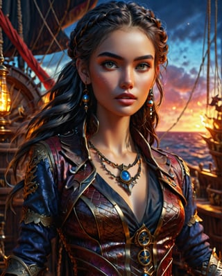 (masterpiece, best quality), (4k), (1700s Pirate), a sexy female pirate, hourglass body, (nice chest), tattoo sleeve on her left arm, pirate clothing and attire, braided black hair, (beautiful eyes), 1700s pirate visuals, 1700s pirate scenery, on board a 1700s pirate ship, vibrant lighting, (looking seductively at the viewer), ((Photorealistic)), hyper-real, HD quality,