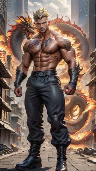  Budokai, standing pose, fighting_stance, dystroyed burning city background
realistic, photo-real,  muscular body, bare chest, chiselled face, black ankle boots, black leather leggengs,dragon-themed
