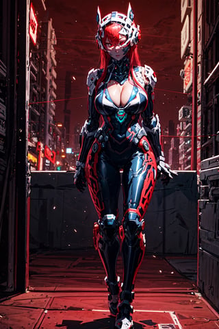 masterpiece,  best quality, 1girl, solo, large breasts, bare arms,  outdoors,  full moon night  sky, sitting, hand on hip, cleavage cutout,  steel armor, long hair, bangs, glowing red eyes, red hair, High detailed, Epic Logo, Cyberpunk, Cyber helmet, cityscape