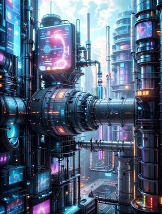 Sci-Fi factory, big Doom generators, huge pipes, Boilers, Analytical Instruments like Monitor display screens, Cooling Towers, exhaust coming out of pipes for generators, huge Fuel Storage units, huge industrial trucks, Control Rooms, Science fiction,  Dark and cloudy sky, super detailed, digital_art, high_resolution, 8k,