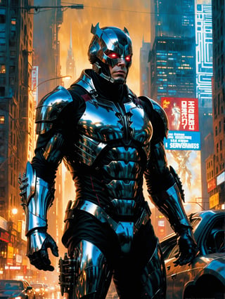 A  super hero stands tall, full-body portrait in polished chrome armour with intricate gold and burgundy accents. blue eyes pierce through the darkness, illuminating a cityscape at dusk. Craig Mullins and H.R. Giger's character design brings forth a sense of otherworldly strength. Realistic digital painting captures every detail, from the armoured suit to the subject's determined pose. Cinematic lighting highlights the hero's figure against a misty blue-grey sky as if suspended in mid-air. A 4K resolution masterpiece, this portrait embodies the essence of superheroism., Handsome boy