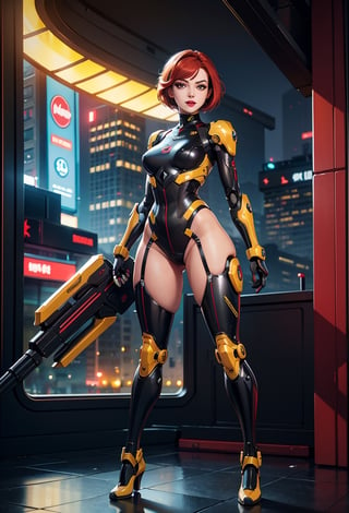 masterpiece, best quality, Solo girl, one girl, a beautiful sexy girl, standing on a tall building, sexy, hourglass figure,  smiling face, cyberpunk style face, closed mouth, glossy skin, detailed big eyes, outdoors, cute face, thick eyebrow, big fat lips, red lips, glossy thick lips, Dramatic lighting, Night time, metro city, sci-fi city background. slim, Red short hair, High detailed face, face in the frame, full body view, brown eyes, detailed eyes, perfect hands, perfect feet, (looking at the viewer) hdr, 4k, 8k, ultra HD,  perfect eyes, High detailed, crisp image, (perfect eyes). full body view,  Enhance, High detail, full figure, machine legs and arms, machine fingers, robot head, small breast, full body armour, 
, robot,mecha_girl_figure, ((a full body designed in red black and yellow colour)),