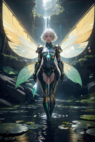 (masterpiece, best quality:1.2),1 woman, solo, short hair, white hair, gold hair, Blue eyes, jewellery, sitting, closed mouth, flower, earrings, wings, artist name, water, armour, lips, bodysuit, glowing, looking away, nose, fairy wings, green colour mechanical wings, standing pose, ((standing on the water)),   lily pad, lotus, spread wings, mecha musume, Masterpiece, colours, 3d octane render, 4k, concept art, trending on artstation, hyperrealistic, Vivid colours, extremely detailed,(front light:1.5)unity 8k wallpaper, trending on ArtStation, trending on CGSociety, Intricate, High Detail, dramatic,(super detailed), (beautiful background, detailed background),