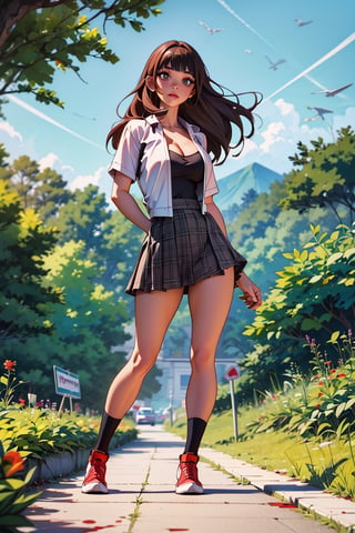 1 Girl, full body, curvy body, high quality, masterpiece, ultra-high resolution, looking at viewers, real skin textures, realistic eyes and face details, cleavage, breasts, soft makeup, long gray hair, straight hair, light brown eyes, short skirt, nature background, plaid skirts, red tight short T-shirt, bangs, detailed eyes, perfect hands, perfect feet, hdr, 4k, 8k, ultra HD,CryingBlood