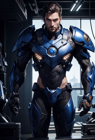 Hansome man, chiselled face, muscular body, blue eyes, detailed image, glossy metallic armour, Digital painting style, ((looking_at_viewer))