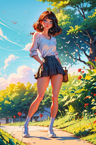 1 Girl, full body, curvy body, high quality, masterpiece, ultra high resolution, looking at viewers, real skin textures, realistic eyes and face details, soft makeup, long fluffy hair, straight hair, light blue eyes, short skirt, nature background, plaid skirts, light red T-shirt, bangs, detailed eyes, perfect hands, perfect feet, hdr, 4k, 8k, ultra HD