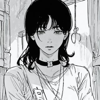 masterpiece, best quality, portrait, ultra detailed, 1 woman, highly detailed, perfect face, upper body, beautiful girl with a cute choker around her neck and a snake necklace, holding a gun, dark hair, curtain bangs, masterpiece. Manga style, fujimotostyle. No color