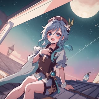 1girl, masterpiece, best quality, portrait, ultra detailed, very detailed, perfect face, short hair, blue braided hair, gray blue eyes. blushing, hanako-kun_style ,venti (genshin impact) dynamic light, particles in the environment, adorable, dynamic pose, so happy, dynamic pose, sitting on the roof under the moonlight, stars