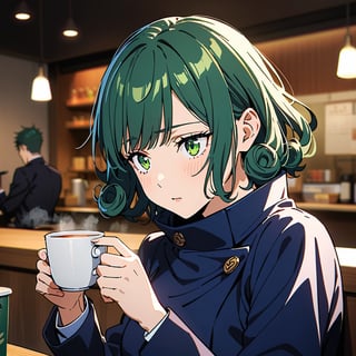 1girl ((best quality)), ((highly detailed)), masterpiece, detailed face, bangs, beautiful face, sleepy green eyes, calm expression, calm, short curly dark green hair, intricately detailed, Jujutsu Kaisen uniform. drinking tea in a cafe 