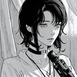  masterpiece, best quality, portrait, ultra detailed, 1 woman, highly detailed, perfect face, upper body, beautiful girl with a cute choker around her neck and a snake necklace, holding a gun, dark hair, curtain bangs, masterpiece. Manga style, fujimotostyle. No color