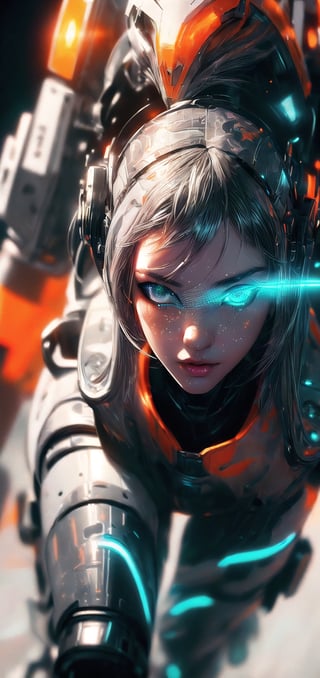 (ultra detailed beautiful eyes and detailed face:1.4), (untra detail face:1.4), (((8k, masterpiece side light, masterpiece, best quality, detailed, high resolution illustration))), ((1 female warrior)), long silver hair in the air, ((orange and white army suit:1.38)), protection gear, battlefield, armor, extra large helmet, metallic suit gare, beautiful big eyes, green neon light eyes, dark background, blur background, holding mechine gun, walking,((front_view)),  ((extra big head:1.36)), ((extra short body:1.36)), many neon light from gear join, red neon light, blur background, heavy fog environment, dynamic light on body, ((front view)), (closeup shots:1.5),  urban techwear,C7b3rp0nkStyle,1 girl