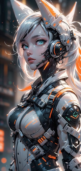 (ultra detailed beautiful eyes and detailed face:1.4), (untra detail face:1.4), (((8k, masterpiece side light, masterpiece, best quality, detailed, high resolution illustration))), ((1 female warrior)), long silver hair in the air, ((orange and white army suit:1.38)), protection gear, battlefield, armor, extra large helmet, metallic suit gare, beautiful big eyes, green neon light eyes, dark background, blur background, holding mechine gun, walking,((front_view)),  ((extra big head:1.36)), ((extra short body:1.36)), many neon light from gear join, red neon light, blur background, heavy fog environment, dynamic light on body, ((front view)), closeup shots,  urban techwear,C7b3rp0nkStyle,1 girl