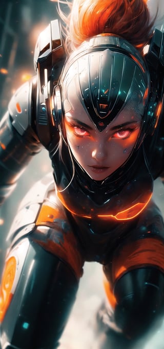 (ultra detailed beautiful eyes and detailed face:1.4), (untra detail face:1.4), (((8k, masterpiece side light, masterpiece, best quality, detailed, high resolution illustration))), ((1 female warrior)), long silver hair in the air, ((orange and white army suit:1.38)), protection gear, battlefield, armor, extra large helmet, metallic suit gare, beautiful big eyes, green neon light eyes, dark background, blur background, holding mechine gun, running,running to viewer, (riushing towards the viewer at ultrs high speed:1.5), ((front_view)),  ((extra big head:1.36)), ((extra short body:1.36)), many neon light from gear join, red neon light, blur background, heavy fog environment, dynamic light on body, ((front view)), (closeup shots:1.6),  urban techwear,C7b3rp0nkStyle,1 girl