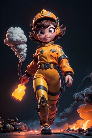 (detailed beautiful eyes and detailed face, masterpiece side light, masterpiece, best quality, detailed, high resolution illustration), ((1cute cartoon fireman)), (future sense fireman:1.36), (short brown hair:1.38), (orange and yellow uniform:1.4), protection gear, armor, ((extra large helmet)), beautiful big eyes, fire scene background, ultra blur background, holding fire hose, front_view,  ((extra big head:1.5)), ((extra short body:1.5)), ((run to viewer:1.38)), ((heavy dust and smoke environment)), dynamic light on body, ((front view)),(full body), urban techwear,C7b3rp0nkStyle,3DMM,l4tex4rmor,PD-802,mecha musume,halloweentech ,urban techwear
