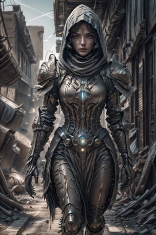 (detailed beautiful eyes and detailed face, masterpiece side light, masterpiece, best quality, detailed, high resolution illustration), a female warrior from the future fighting with an aliens on a battlefield on the planet, Her armor was damaged in many places, her hood was broken, and blood flowed from the seams in her armor, but she still fought tenaciously. she had tired eyes, (heavy dusty background:1.36), (blur background:1.36), walking, open chest armor, front_view, ,rndmln,mech4rmor, close up shots, 