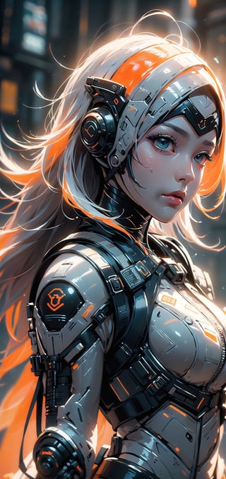 (ultra detailed beautiful eyes and detailed face:1.4), (untra detail face:1.4), (((8k, masterpiece side light, masterpiece, best quality, detailed, high resolution illustration))), ((1 female warrior)), ((orange and white army suit:1.38)), protection gear, battlefield, armor, extra large helmet, metallic suit gare, beautiful big eyes, green neon light eyes, dark background, blur background, holding mechine gun, walking,((front_view)),  ((extra big head:1.36)), ((extra short body:1.36)), many neon light from gear join, red neon light, blur background, heavy fog environment, dynamic light on body, ((front view)), closeup shots,  urban techwear,C7b3rp0nkStyle,1 girl