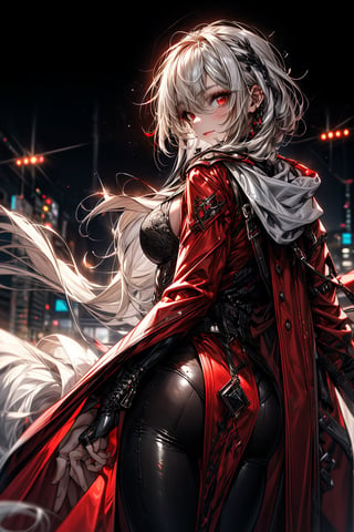 (1 girl, long, scarlet hair, red eyes, medium hair, medium breasts, coat, long coat, red coat), (1boy, tall, white hair, red eyes, suit, black suit), fullbody, city, back to back, looking at viewer, aerial_view,perfect,yuzu,hand