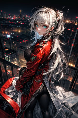 1 girl, long, black hair, blue eyes, medium hair, medium breasts, coat, long coat, red coat, 1boy, tall, white hair, green eyes, suit, black suit, fullbody, city, back to back, looking at viewer, aerial_view,perfect,yuzu,hand