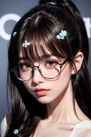 masterpiece, best quality, 1girl, black hair, floating hair,  messy hair, long hair, high ponytail, blunt bangs, bangs, glasses, adjusting eyewear,