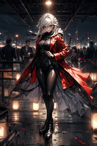 1 girl, long, black hair, blue eyes, medium hair, medium breasts, coat, long coat, red coat, 1boy, tall, white hair, green eyes, suit, black suit, fullbody, city, fighting pose, looking at viewer, aerial_view,perfect hand