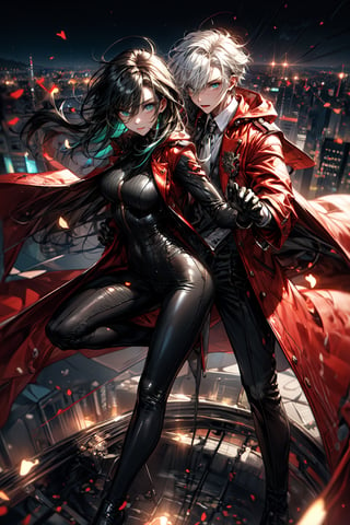 1 girl, long, black hair, blue eyes, medium hair, medium breasts, coat, long coat, red coat, 1boy, tall, white hair, green eyes, suit, black suit, fullbody, city, back to back, fighting pose, looking at viewer, aerial_view,perfect