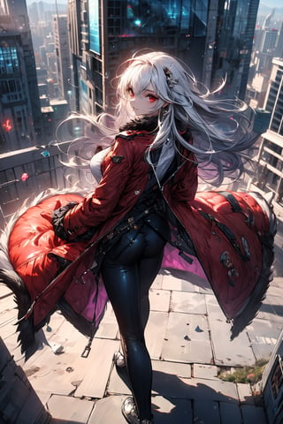 (1girl, long, scarlet hair, red eyes, medium hair, medium breasts, coat, long coat, red coat), (1boy, tall, white hair, red eyes, suit, black suit), fullbody, city, back to back, looking at viewer, aerial_view,perfect,yuzu,hand,DonMC3l3st14l3xpl0r3rsXL