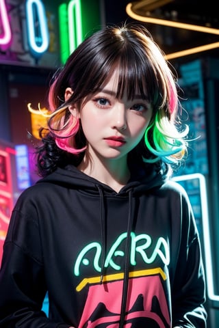 Masterpiece by master, high quality, excellent resolution, absurd, super fine, 8k, 1 girl (female hair of thin multicolored neon curls:1.5), (long thin hair of multicolored neon strands flowing on the body), Looking at the viewer, colored eyes, colored hoodie with patches, (graffiti on the background of the wall:1.15), Amazing painting,flowering,portrait,hair decoration,closed mouth,pockets,opposite the wall,hair with bangs,ombre,reflection
