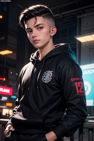 edgNoire,upper body shot,male, Mexican man, 28 years old, but looks 18 years old, wearing casual hoodie with logos, sleek designer, black pants, cyberpunk scene, short hair, (((undercut haircut)))