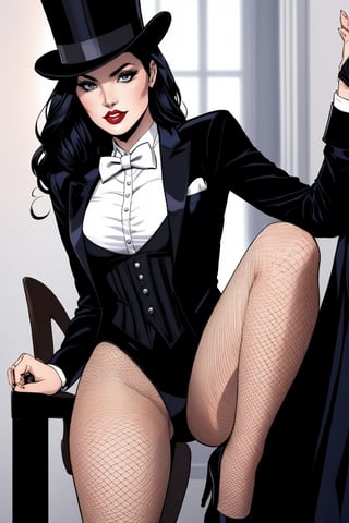 Zatanna DC comic character, Beautiful Mexican woman, medium long black hair, dark eyes, shapely body, top hat, black tuxedo jacket, white top underneath, white bow-tie, black fishnet tights, black knee-high high-heeled boots,Zattana