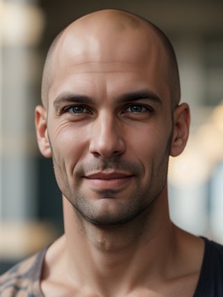 A close-up shot of a ruggedly handsome 40-year-old Australian man, resembling Chris Liebing's likeness, gazes directly into the lens. His piercing light blue eyes, framed by a shaved, bald head, exude confidence. A black tank top hugs his physique, as he sports a subtle smirk, hinting at a mischievous streak. The shot is bathed in warm, golden lighting, with a shallow depth of field to emphasize his chiseled features.
