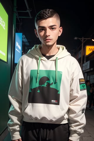 edgNoire,upper body, shot, male, Mexican man, 26 years old, but looks 18 years old, wearing casual hoodie with logos (((green))) sleek designer, pants (((black))), mexico city cyberpunk scene, short hair (((buzzcut haircut)))