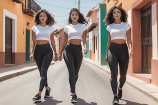 Four attractive Mexican women with strong athletic legs and hips run on the street of a village with people around, in ((white nylon socks)) and (sporty black tennis shoes), (white cotton short sleeve t-shirt bound on stomach), black hair, Tight Braid, the women are 25 years old, wearing a (((super tight black very high waist spandex leggings ))), (( colour satin shiny sleeveless tight leggings)), second skin clothes, tight leggings, (( shiny black seamless satin spandex leggings)), no panties, no bra, (((full body))), tight 
cameltoe, small tits, ((topless)), wide hips, big calves, muscular strong legs, big butt, satin shine on unitards, sexy faces, very thin and tight fabrics, ((full body)),powerful thighs, hard big nipples, very realistic photography, sunny day,vaporwave style,