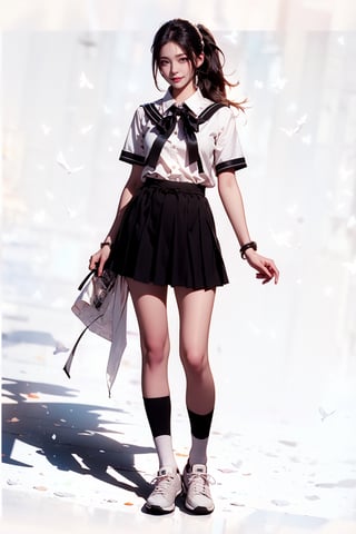 (best quality), ((masterpiece)), (highres), illustration, original, extremely detailed, (二次元大系·御姐篇_V1.0:0.7)zlqs, 1girl, skirt, solo, shoes, full body, white background, school uniform, brown hair, black skirt, simple background, smile, looking at viewer, jewelry, pleated skirt, clothes around waist, short sleeves, breasts, standing, sneakers, white shirt, bracelet, ponytail, shirt, serafuku, neckerchief, sailor collar, bangs, large breasts, socks, purple eyes, jacket, closed mouth, black sailor collar, sweater ,Realism,naked_shirt