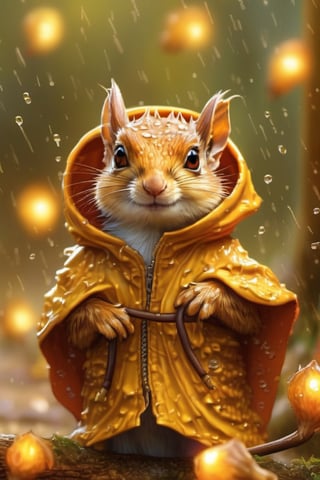 Hyper-detailed  painting, Jean-Baptiste Monge style, a gang of cute little squirels gathered in the rain  under an single hoody, splash, glittering, cute and adorable, filigree, lights, fluffy, magic, surreal, fantasy, digital art, ultra hd, hyper-realistic illustration, vivid colors,  UHD, cinematic perfect light,greg rutkowski,golden dragon