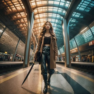 Realistic 16K resolution photography of a girl with golden wavy hair flows in the wind; wearing a brown jacket and leather pants, black boots, and a black sword in her hand, walking in the MRT station, with round metal pillars and a ceiling made of colored glass behind her.
break, 
1 girl, Exquisitely perfect symmetric very gorgeous face, Exquisite delicate crystal clear skin, Detailed beautiful delicate eyes, perfect slim body shape, slender and beautiful fingers, nice hands, perfect hands, illuminated by film grain, realistic skin, dramatic lighting, soft lighting, exaggerated perspective of ((fisheye lens depth)),