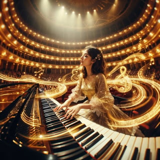 Realistic 8K resolution photography of multiple exposure photography featuring golden music note with extreme motion blur and twisted speed lines,  A joyful girl wearing fashionable outfit, playing piano on the stage of the concert hall. illuminated by film grain, Film photo style, realistic skin, dramatic lighting, soft lighting, exaggerated perspective of fisheye lens depth,
break, 
1 girl, Exquisitely perfect symmetric very gorgeous face, perfect breasts, Exquisite delicate crystal clear skin, Detailed beautiful delicate eyes, perfect slim body shape, slender and beautiful fingers, nice hands, perfect hands, perfect pussy, illuminated by film grain, Film photo style, realistic skin, fish-eye lens, lens flare,More Detail, exaggerated perspective of fisheye lens depth,