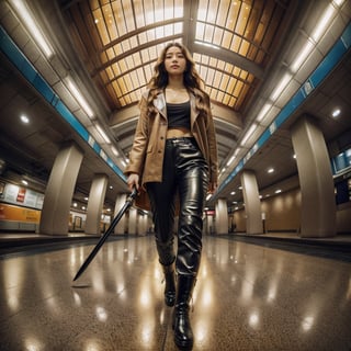 Realistic 16K resolution photography of a girl with golden wavy hair flows in the wind; wearing a brown jacket and leather pants, black boots, and a black sword in her hand, walking in the MRT station, with round metal pillars and a ceiling made of colored glass behind her.
break, 
1 girl, Exquisitely perfect symmetric very gorgeous face, Exquisite delicate crystal clear skin, Detailed beautiful delicate eyes, perfect slim body shape, slender and beautiful fingers, nice hands, perfect hands, illuminated by film grain, realistic skin, dramatic lighting, soft lighting, exaggerated perspective of ((fisheye lens depth)),