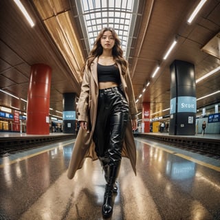 Realistic 16K resolution photography of a girl with golden wavy hair flows in the wind; wearing a brown jacket and leather pants, black boots, and a black sword in her hand, walking in the MRT station, with round metal pillars and a ceiling made of colored glass behind her.
break, 
1 girl, Exquisitely perfect symmetric very gorgeous face, Exquisite delicate crystal clear skin, Detailed beautiful delicate eyes, perfect slim body shape, slender and beautiful fingers, nice hands, perfect hands, illuminated by film grain, realistic skin, dramatic lighting, soft lighting, exaggerated perspective of ((fisheye lens depth)),