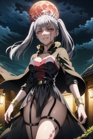(masterpiece:), (best quality), highly detailed, beautiful detail, extremely delicate and beautiful, ,noelle_silva, cursed tattoo, black fur trim, dark_jacket, black skirt, belt, black cape, red eyes, 1girl, cowboy shot, beautiful noelle_silva,long hair ,twintails, bangs, earring,jewelry, silver hair, red_eyes, medium breast ,sadistic_smile, best quality, masterpiece, intricate details, tonemapping, sharp focus, hyper detailed, trending on Artstation, scenary, outdoors, night, sky, red_moon, bloody stream, black_dress, dark_dress, spiked_bracelets