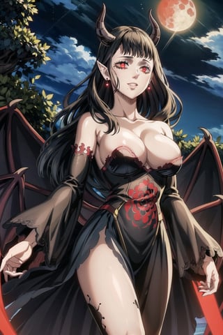 (masterpiece:), (best quality), highly detailed, beautiful detail, extremely delicate and beautiful, (demon girl), demon wings, gray skin, evil smile, black hair, chest tattoo, red glowing, glowing eyes, red eyes, parted lips red eyes, 1girl, cowboy shot, red_eyes, large breast, best quality, masterpiece, intricate details, tonemapping, sharp focus, hyper detailed, trending on Artstation, scenary, outdoors, night, sky, red_moon, bloody stream, black_dress,mimosa vermillion, earring, 