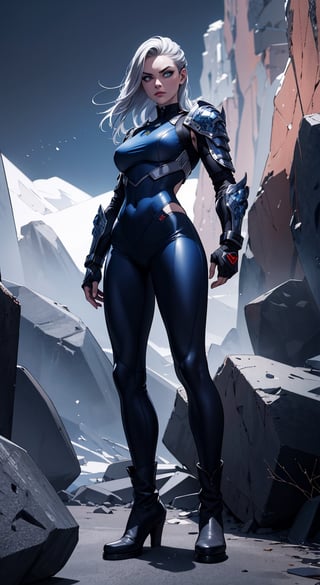 masterpiece,  best quality,  aggressive looking face, big eyes, outdoors, very muscular woman, hands well shown, standing, super-villain style, full metal body armor, leggings, red leather pointed boots,  Dramatic lighting, Night time,  Rugged and rocky terrain background, blue eyes, silver hair, High detailed full body, Head to feet