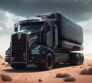 Futuristic truck, sci-fi design high, tech look,  aerodynamic, wide tyres, chromium plated rims, hyper-realistic, highly detailed machine Parts,