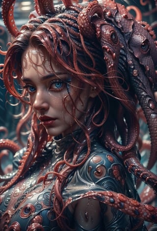 close-up of a woman's face only, beautiful face, on her head octopuses long tendrils, all over the head, covered with octopuses long Tentacle with suction cups detailed, oily face,  octopuses long Tentacle with detailed suction cups on it wrapping her body, cinematic lighting, looking_at_camera, blue eyes