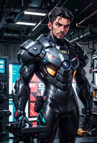 masterpiece, best quality, Solo Man, one man, a handsome guy, standing on a pedestal, muscular body, aggressive face, cyberpunk face, closed mouth, glossy skin, detailed eyes, chiselled face, strong chin, thick eyebrow, thick lips, Manish face, ((close up body from hip up)), Dramatic lighting, blurred sci-fi lab background. heavy muscular body, ((the subject in the centre of focus)) glossy dark Black coloured suit, nanotech, stealth tech, Germany Male, smooth-curved armour,