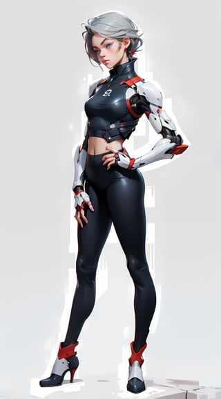 masterpiece,  best quality,  ((aggressive looking face)), big eyes, outdoors, very muscular woman, hands are well shown,  standing, super-hero style, full metal body armour in red & black colour, red leggings, (white leather pointed angle boots),  Dramatic lighting, Night time,  sci-fi modern city in the background, Night time, blue eyes, silver hair,  alternate_hair_style, ((groomed hair)), High detailed full body, Head to feet, girl,mech4rmor,robot,mecha musume,perfect