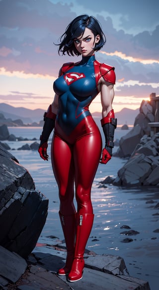 masterpiece,  best quality,  aggressive looking face, big eyes, outdoors, very muscular woman, hands are well shown, standing, super-hero style, full metal body armour in red colour, leggings, (Red leather pointed angle boots),  Dramatic lighting, Night time,  Rugged and rocky terrain background, blue eyes, blue short hair, High detailed full body, Head to feet