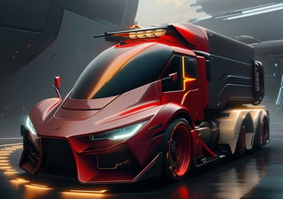 front side view of a Futuristic truck, sci-fi design, tech look,  aerodynamic, wide tyres, chromium plated alloy wheels rims, hyper-realistic, highly detailed machine parts, black & Red bodywork, Red paintwork,  full body black matte finish,
DonMC3l3st14l3xpl0r3rsXL,stealthtech ,cyber_tech ,ftspcft,neotech