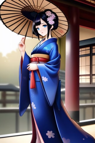 Android geisha, asian_female, blue_eyes, black_hair, full_body