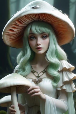 more detail XL,IncrsXLRanni, female, mushroom_fairy, mushrrom_hat, high_quality, 8k, two_hands realitc, gree_wings,ghost person, hush,wavy hair. white_mushroom_hat, holding_mushroom